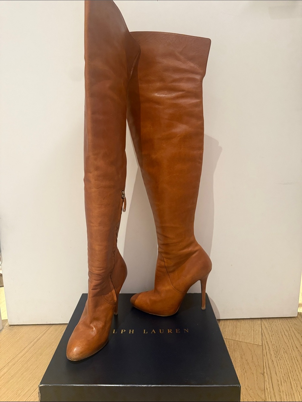 Ralph Lauren Tall Leather Over-the-Knee Boots in Cognac